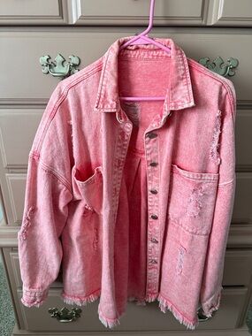 Pink Distressed Oversized Denim Shirt Jacket